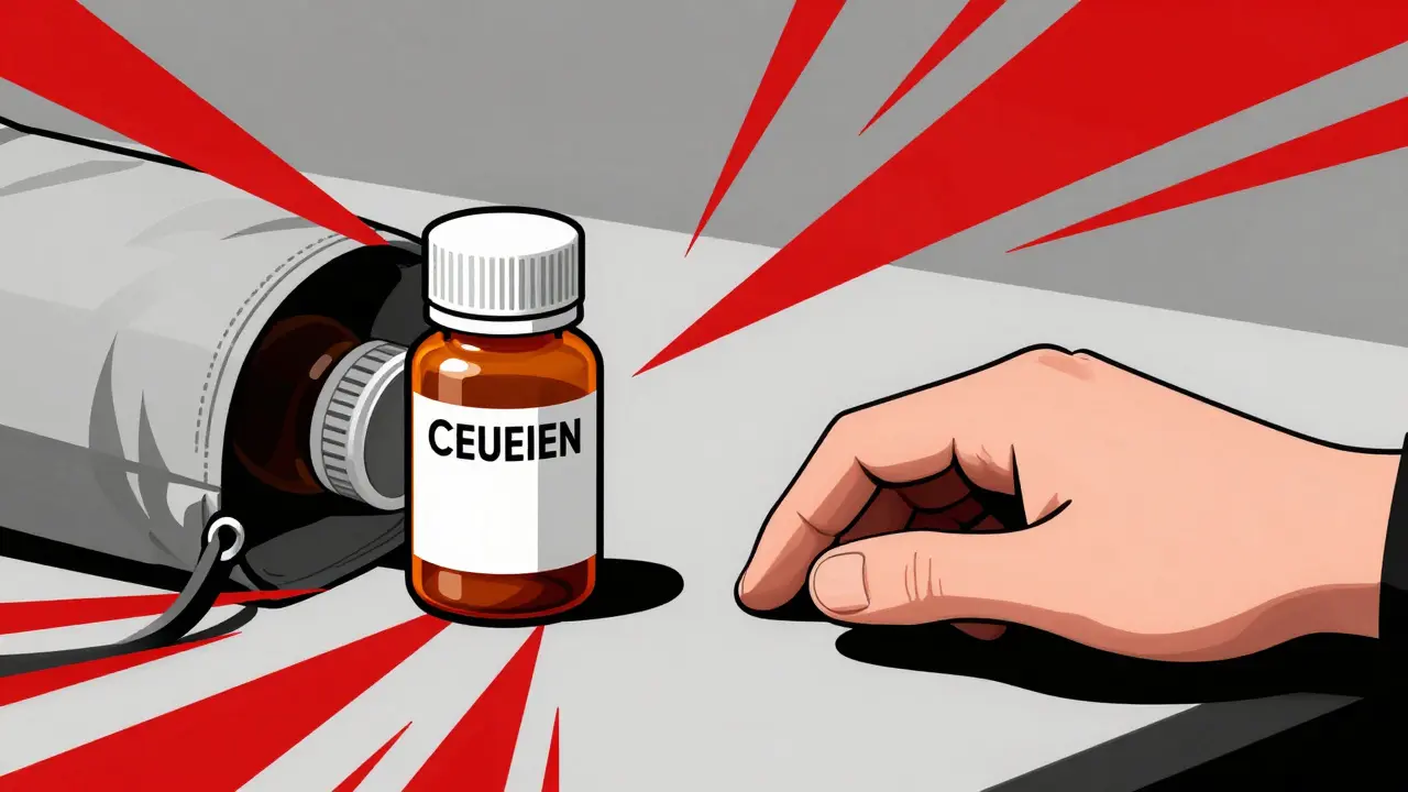 Patient placing medication bottle away to verify safety details.