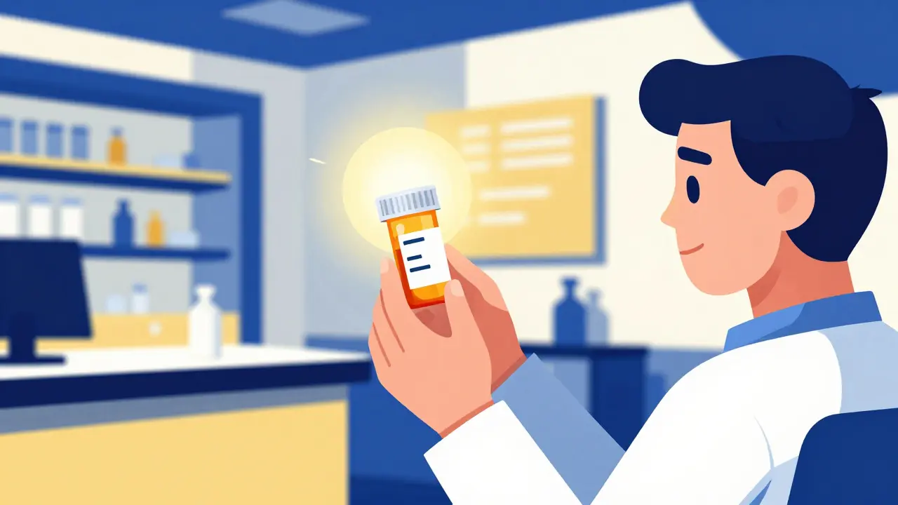 Person examining a medication bottle closely in bold angular illustration.