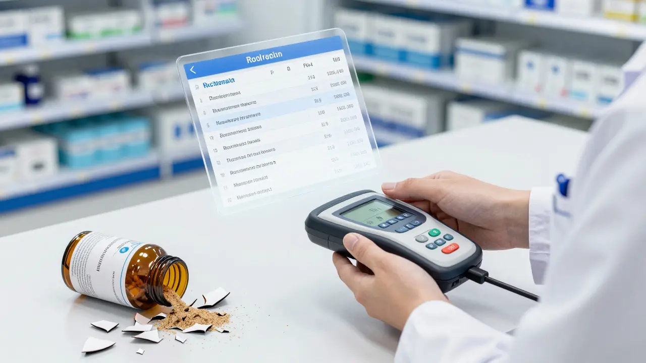 Pharmacist scanning a pill box while a digital ledger displays verified supply chain data.
