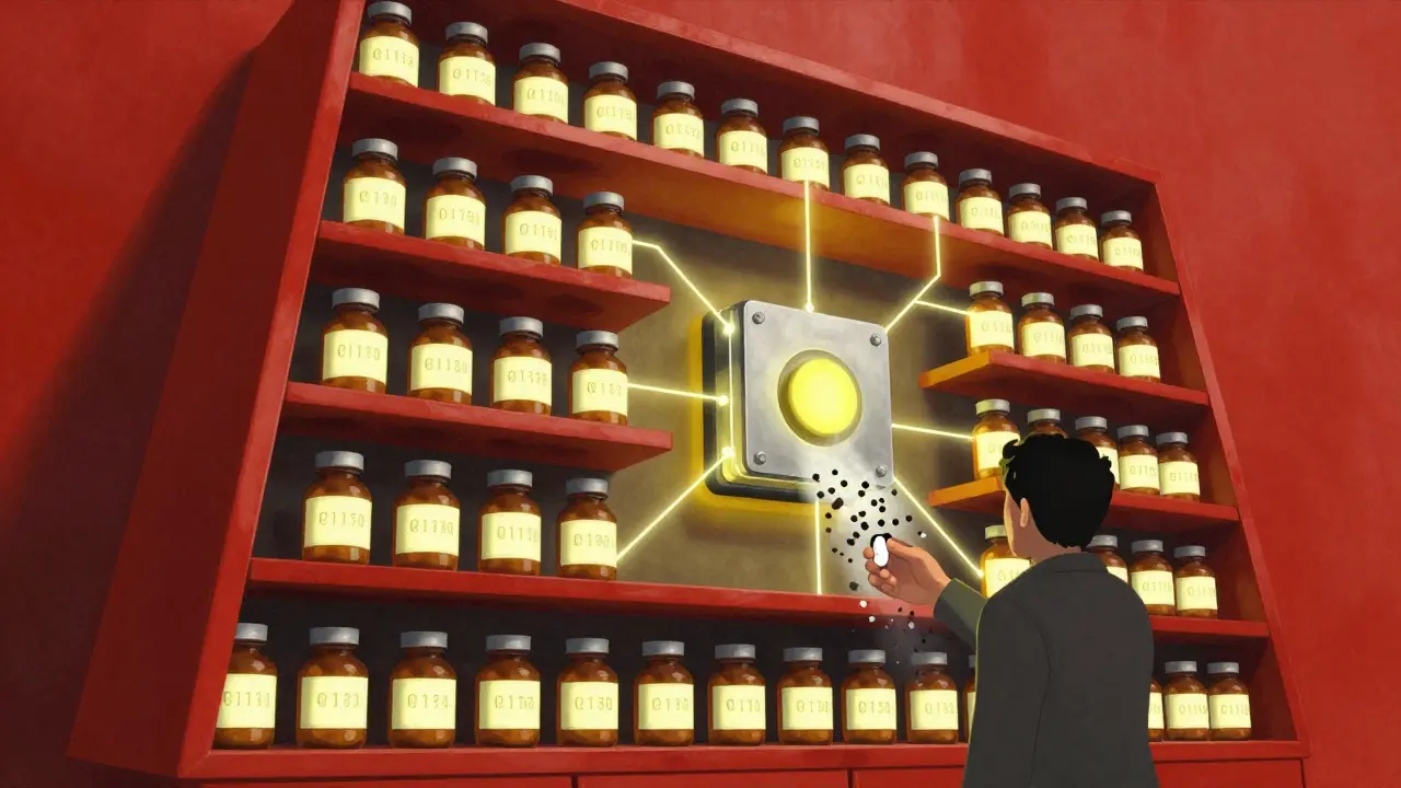 Pharmacy shelf with glowing serial codes linking to a central blockchain core, counterfeit figure dissolving.