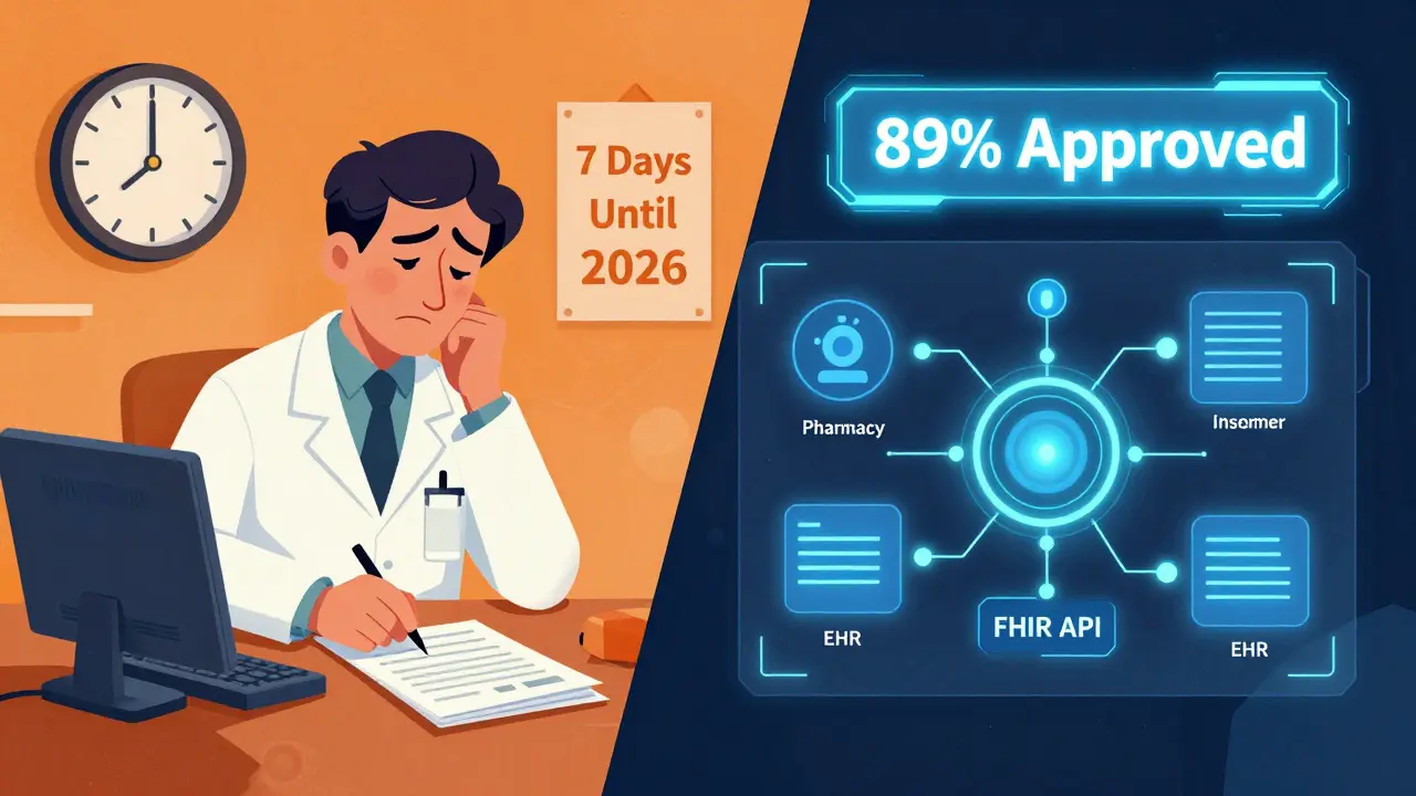 Split scene: fax machine vs. digital system glowing with API connections and approval rates.