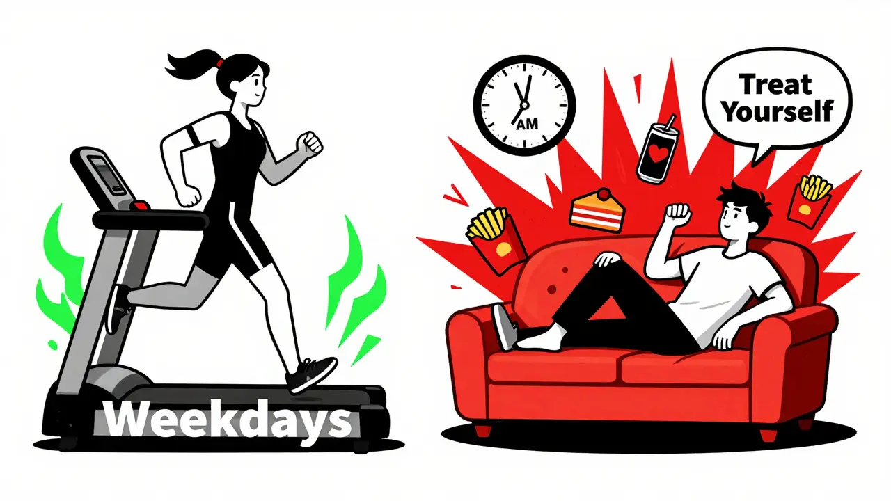 Split scene: weekday exercise vs. weekend overeating, rendered in sharp Constructivist style with chaotic red energy around junk food.