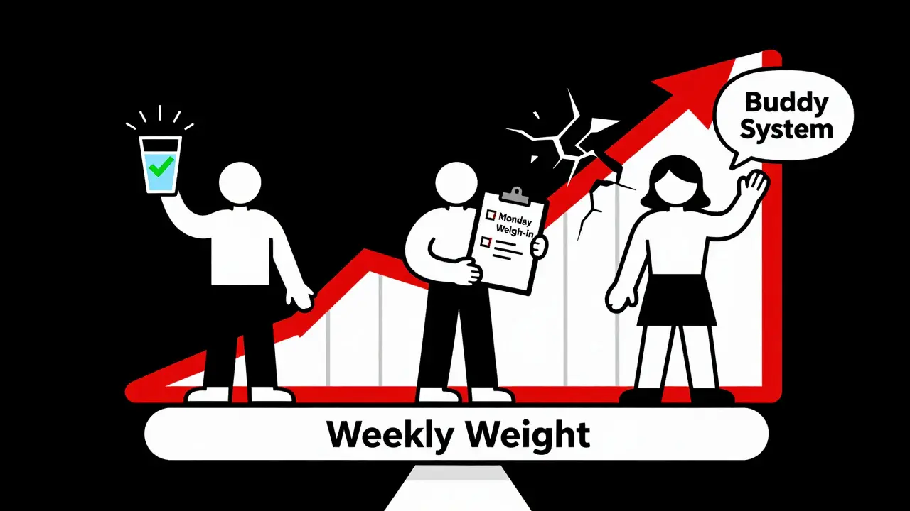 Three figures holding simple strategies to fight weekend weight gain, against a crumbling weight-gain graph in black, white, and crimson.