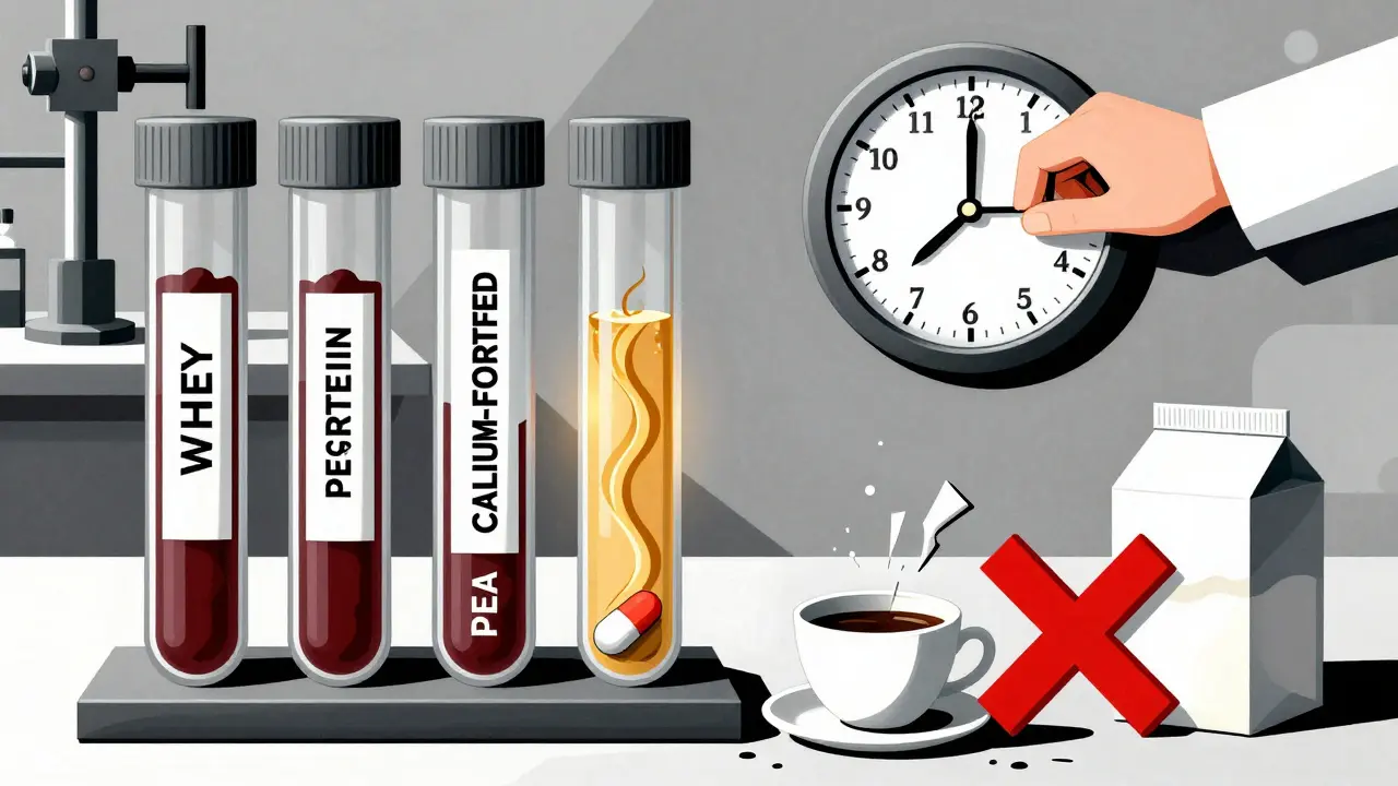 Three protein types compared next to thyroid pill, showing absorption differences with color-coded blockages.