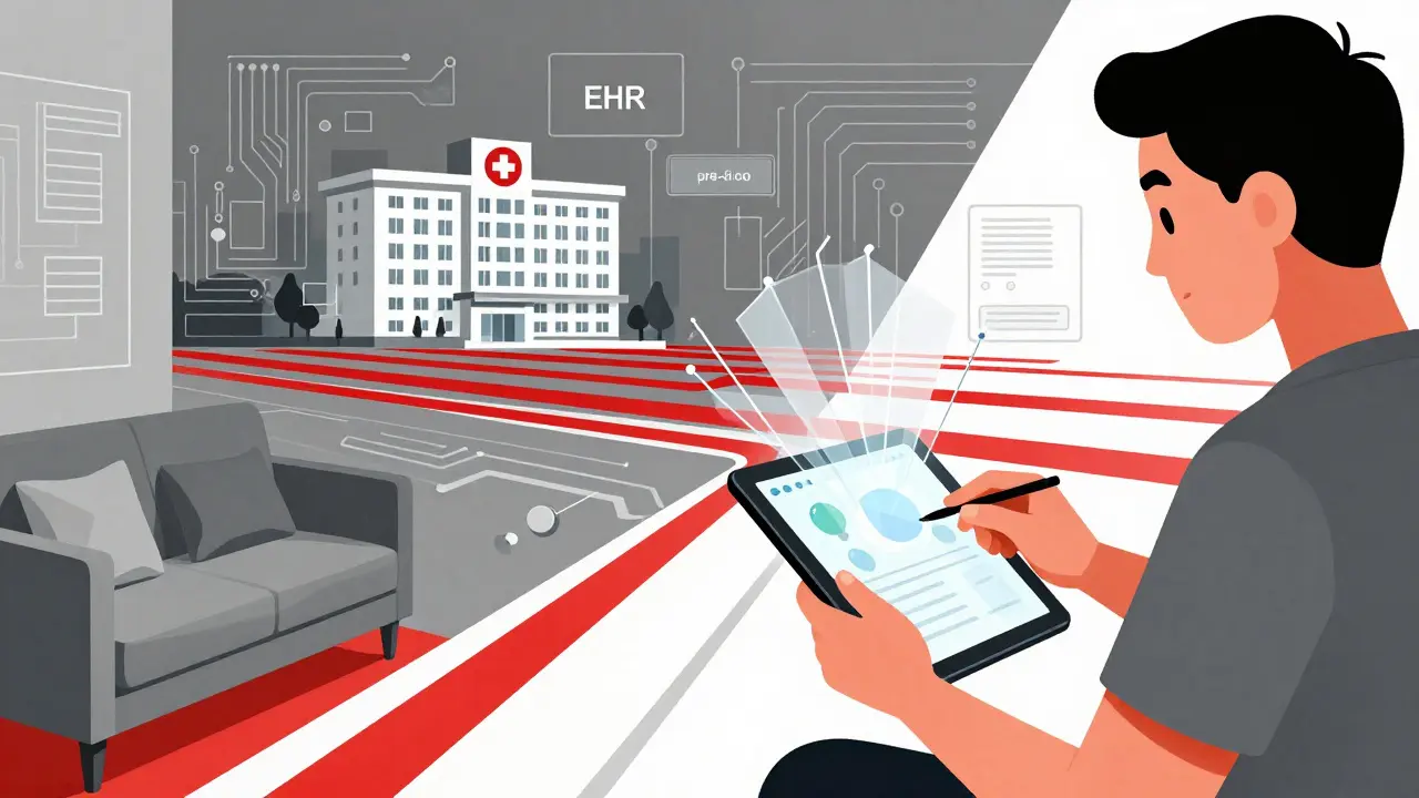 A patient using a digital tablet at home connected to a clinic via geometric data lines.