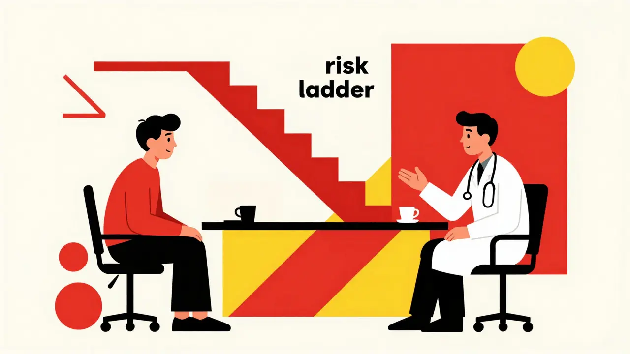 Abstract Constructivism scene of a doctor and patient discussing a geometric risk ladder.