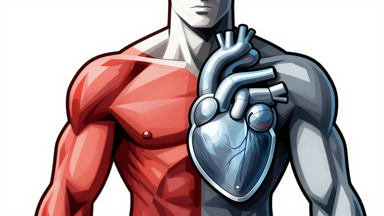Abstract human figure with glowing muscles balancing against a shielded heart.