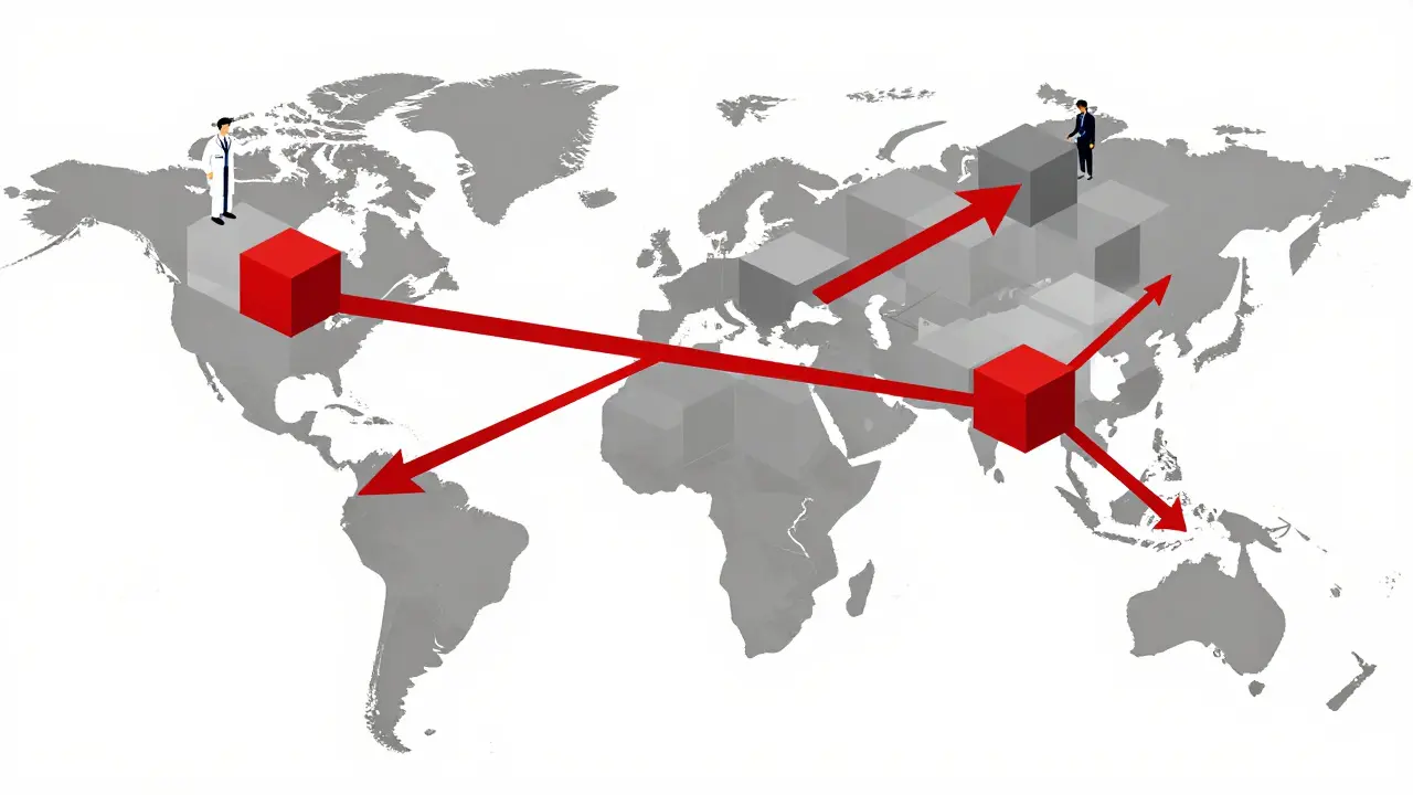 Abstract illustration of a global blockchain network securing the pharmaceutical supply chain.