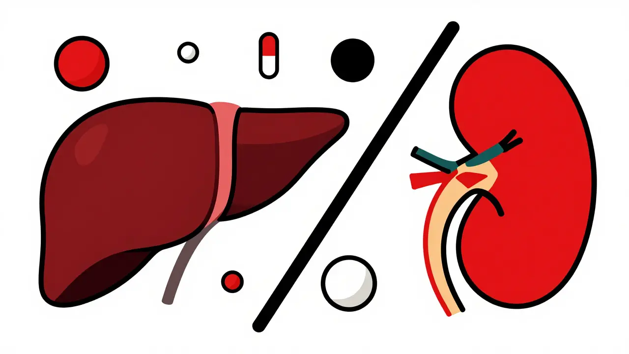 Abstract illustration of a liver and kidney with geometric medicine tablets.