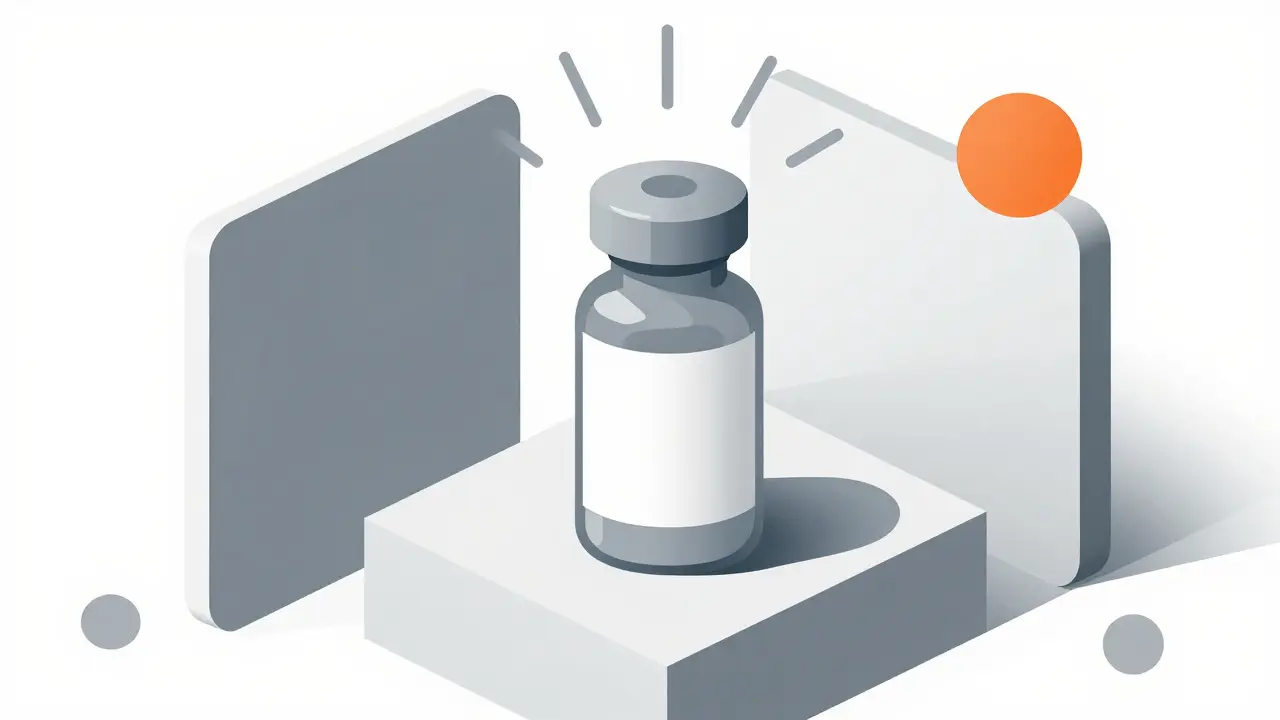 Abstract illustration of a medicine bottle stored in a structured, cool environment.