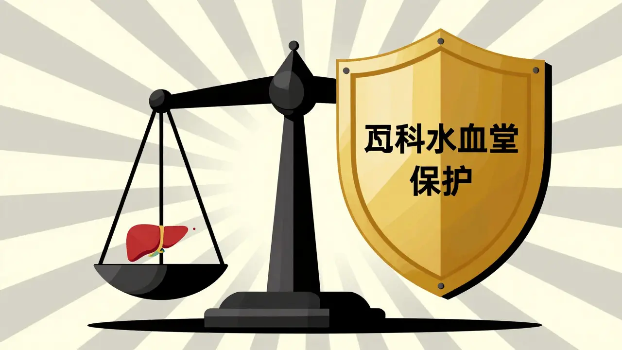 Conceptual scale comparing the tiny risk of liver injury to the high benefit of heart protection.