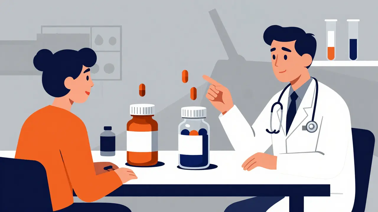 Constructivist style scene of medical consultation and pill bottle exchange.