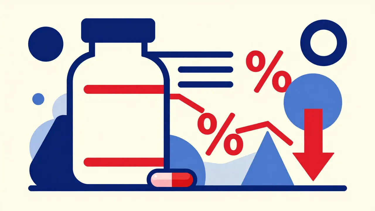 Geometric composition of a medicine bottle and tablets symbolizing cost savings.