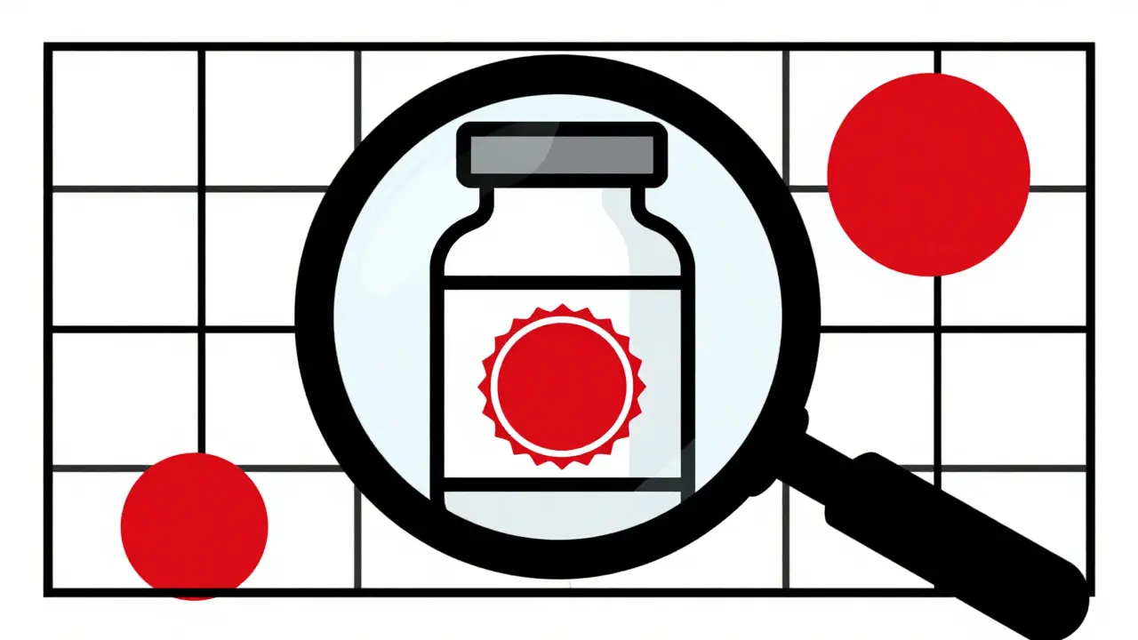 Geometric illustration of a magnifying glass inspecting a medicine bottle for safety and authenticity.