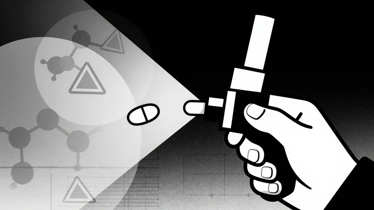 Graphic illustration of a handheld device using a light beam to analyze the chemical signature of a pill.