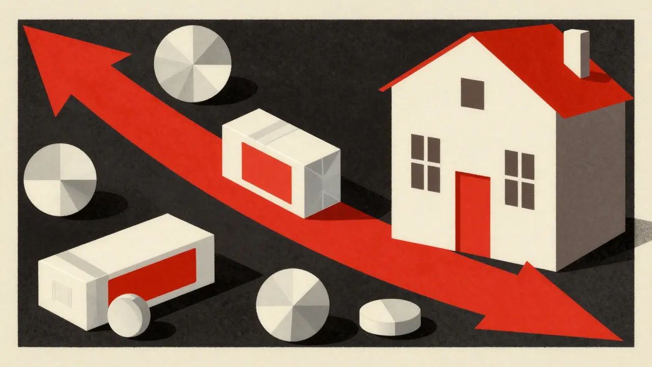 Stylized delivery of pharmacy medication depicted with bold geometric shapes