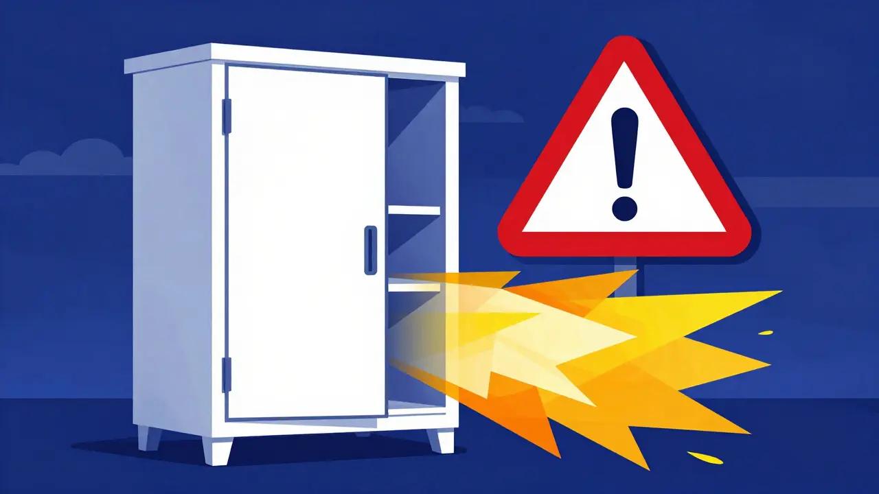 Stylized medicine cabinet with geometric heat symbols and a warning sign.